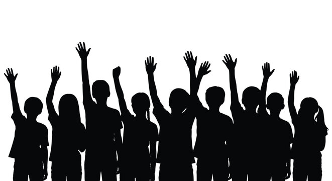 Silhouette illustration of a group of people raising their hands in unison