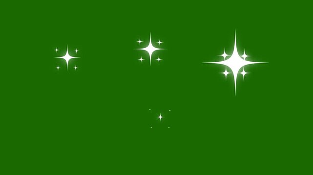 Twinkling stars animation. fast line glitter motion, white cartoon blinking stars, flat vector doodle sparkle, glowing light trails, shining twinkle effect on green screen background. 4k video