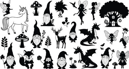 Fototapeta premium Collection of black and white fantasy silhouettes featuring gnomes, fairies, a unicorn, dragons, a deer, a fox, toadstools, and a tree house, isolated on a white background
