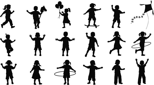 Black silhouettes of children playing, featuring kids running, skateboarding, holding balloons, flying a kite, and using hula hoops, arranged in a grid on a white background