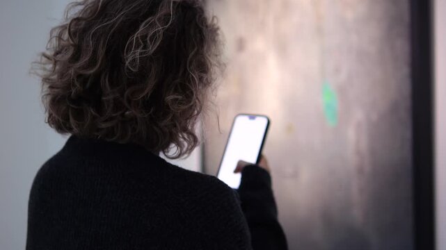 Female visitor with curly hair using a smartphone to learn more about a contemporary painting at a modern art museum exhibition, enhancing the cultural experience with technology