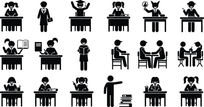 Set of black and white stick figure depicting students and teachers in classroom settings, including reading, writing, studying, graduation, and group discussion activities