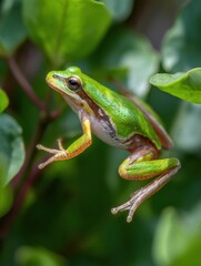 Obraz premium Vibrant green tree frog poised on leafy branch in natural habitat with soft focus background capturing amphibian texture and colors in daylight