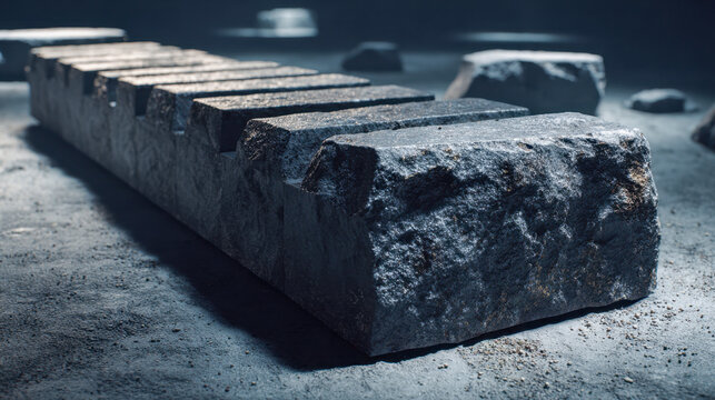 Ancient weathered stone block with notched grooves resting on dusty ground highlighting historic architectural element in moody lighting