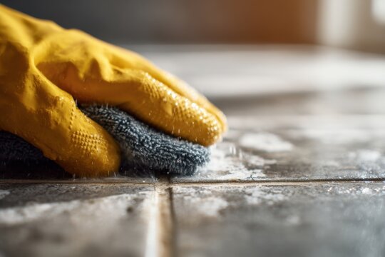 Hand wearing yellow protective glove scrubbing grout lines on tiled floor with a cleaning brush to remove dirt and stains in a home setting