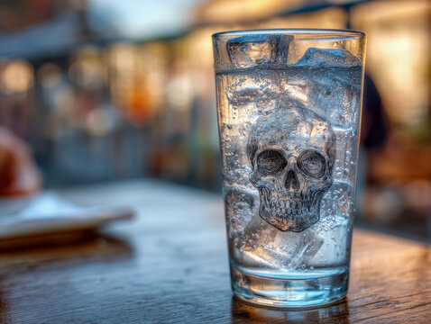 Transparent glass filled with sparkling water and ice cubes featuring an artistic skull design on a wooden table with a softly blurred background at sunset