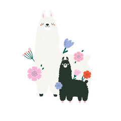 Fototapeta premium Cartoon llama mother and baby with flowers for nursery poster and greeting card design