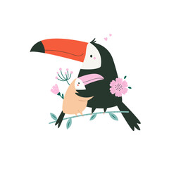 Naklejka premium Cartoon toucan mother and baby bird on a branch for nursery poster design