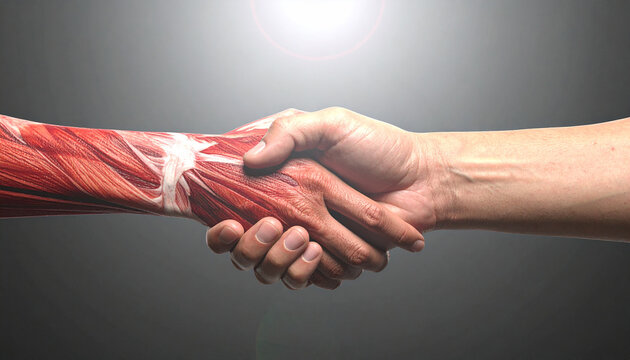 Anatomy Handshake: An artistic depiction of two hands shaking, one showcasing detailed muscle anatomy. Expressing the bond between the human body and medical science