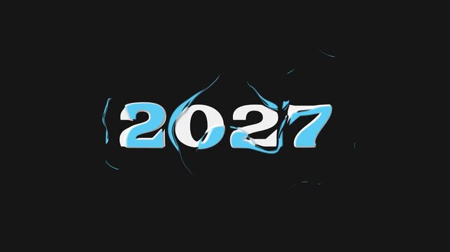 New Year 2027 typography animation with liquid effect. Abstract motion graphic design featuring flowing blue and white numerals. Digital celebration of future time.
