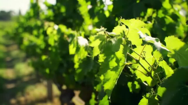 a cinematic drone video slowly descends over vast, meticulously cultivated, vibrant green rows of agricultural crops at golden hour, revealing glistening dew drops and fruit clusters. Concept of