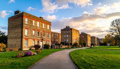 Fototapeta premium Row of brick buildings bordering a curved park path