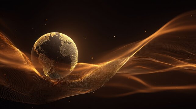 Elegant digital visualization of the Earth surrounded by flowing golden waveforms representing data connectivity and global technology networks in a dark setting