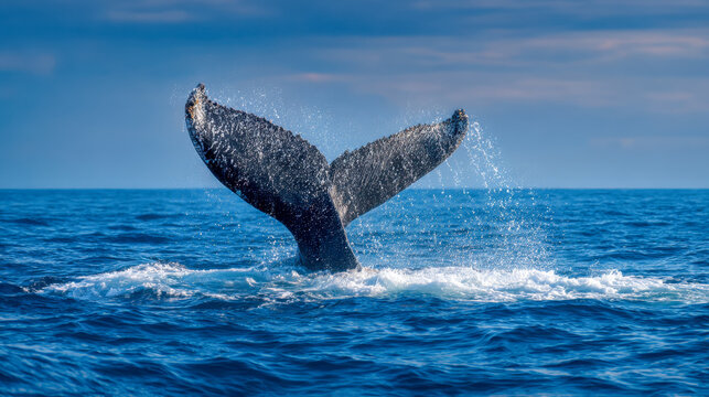 Majestic whale tail splashing water while diving into the deep blue ocean under a vivid sky during a serene marine wildlife moment