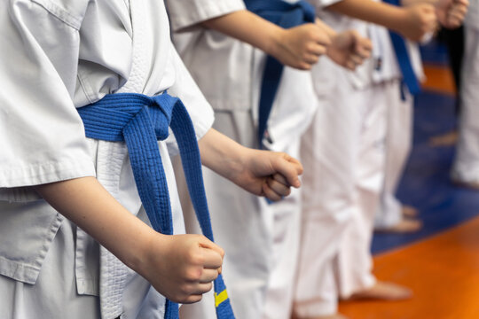 Close-up of young karate students in white gi