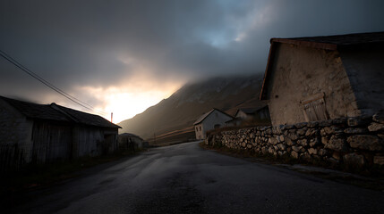 Fototapeta premium Dramatic mountain village road at dusk with dark clouds, stone walls, and old houses illuminated by a soft, warm light