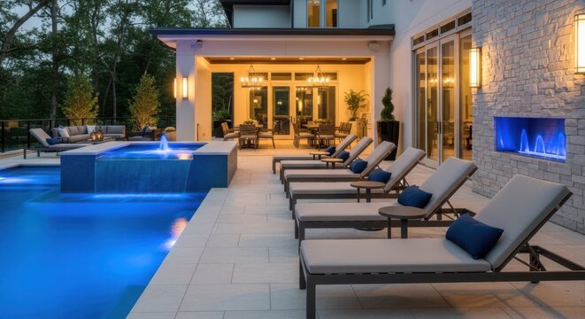 Luxury Backyard Oasis with Pool, Spa, Fireplace, and Lounge Chairs at Dusk