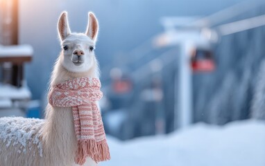 Fototapeta premium Adorable Alpaca Wearing Pink Scarf on Snowy Slope in Winter Wonderland