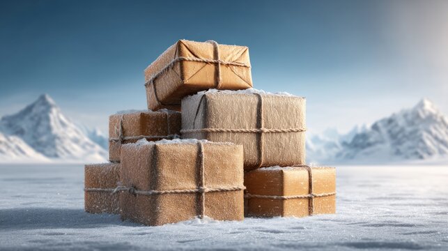 Brown Kraft Wrapped Parcels Tied with String in Winter Landscape Setting