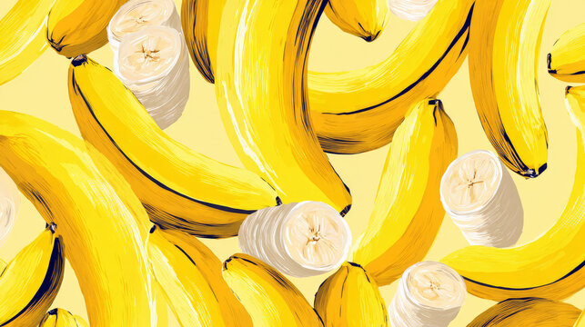 Playful Yellow Banana Seamless Pattern with Hand Drawn Tropical Fruit Slices