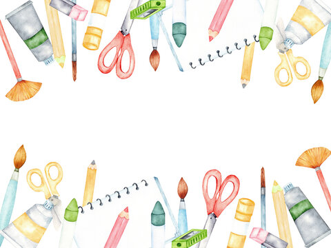 Watercolor kids art supplies border with pencils brushes scissors paint palette and spiral notebook for kids craft banner background and poster design. Copy space. Hand drawn. Back to school