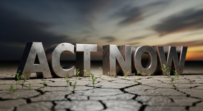 Act Now Sign on Cracked Earth with Sprouting Plants