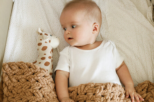 Cute little baby lying in crib with sweet toy under cozy knitted blanket. Bedtime. Adorable infant portrait in bassinet, space for text. Childhood and childcare.