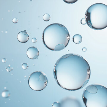 Macro of floating water spheres with crisp reflections in zero gravity  