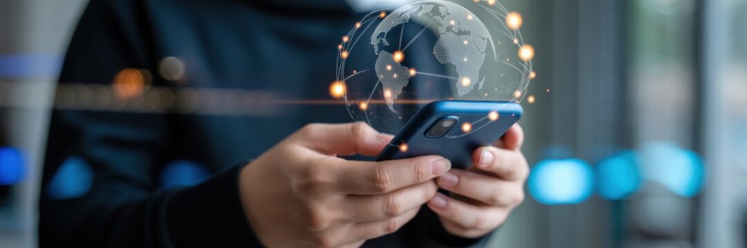Hands holding smartphone with global network overlay