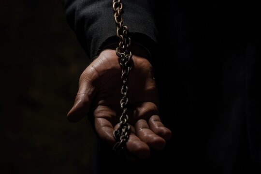 A person holds a chain in their hand, possibly symbolizing connection or restraint