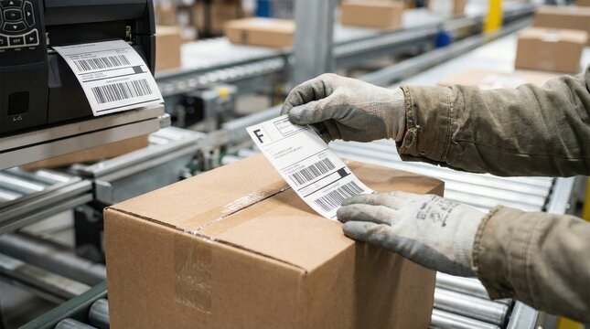 Warehouse worker wearing gloves attaching a printed barcode shipping label to a cardboard box