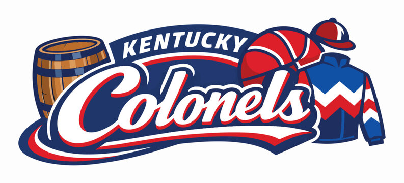 Kentucky Colonels basketball logo with vintage script, wooden barrel, ball and colorful jersey, bold athletic emblem capturing team pride, southern heritage and energetic court action