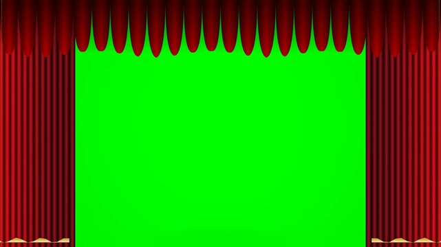 Red stage curtains opening to reveal green screen for presentations or events on a white background