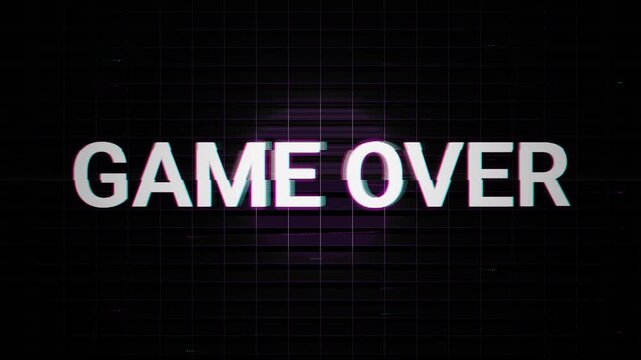 A digital game over screen with white text on a black background and purple glitch effect