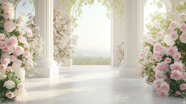 Wedding Interior. Bridal Ceremony Background. Luxury palace interior with a white marble columns, arches, floral decor and arrangements of pink roses