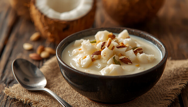 Creamy coconut pudding or payasam served in dark ceramic bowl with nuts and spices alongside raw coconut halves on rustic wooden table with silver spoon.