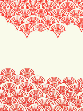 朱色の観世水文様和風フレーム（金魚・夕暮れ・テンプレート）：Japanese traditional Kanze-mizu frame in cinnabar red. Water ripple background for goldfish and sunset themes.