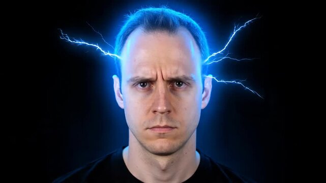 Frowning man with electric blue lightning bolts emanating from head. Mental stress and brain activity concept. Lockdown close-up shot.