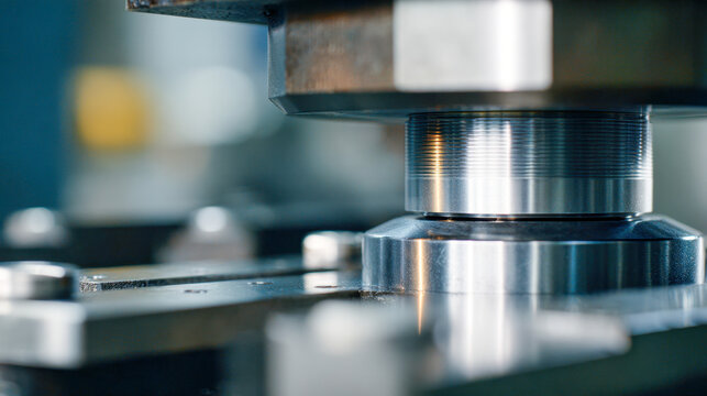 Precision metal pressing process in modern industrial manufacturing machinery with shiny steel components creating complex shapes and parts under high pressure
