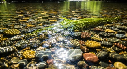 Naklejka premium Sunlight Reflecting on River Rocks