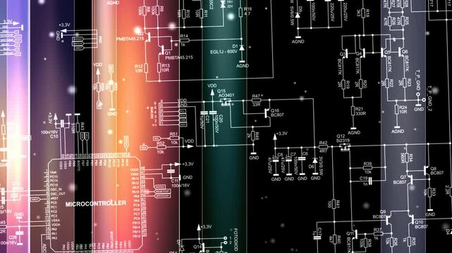 Video animation with electrical schematic diagram of electronic device with power unit. Connection of peripheral devices to microcontroller. Animated motion effect, screensaver. Computer tech design.