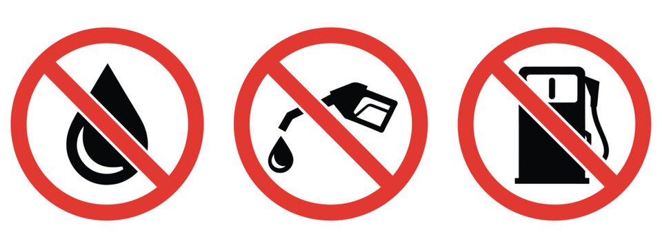 Fuel prohibition icon collection, no petrol station no diesel gasoline restriction symbols