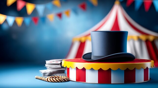 Decorative Ringmaster Hat on Podium with Whip and Colorful Banners