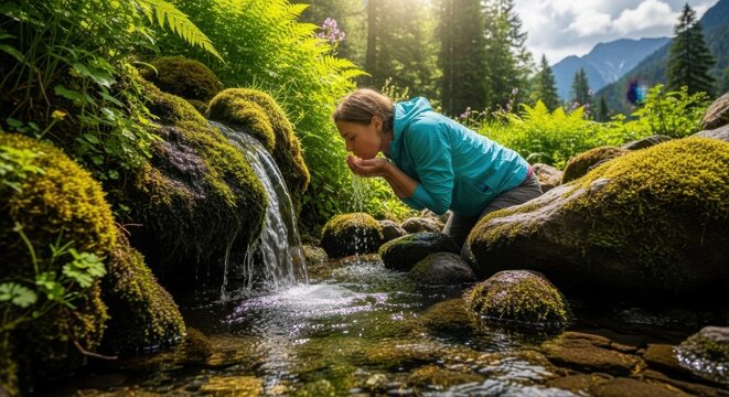 Young Girl Drinking from Mountain Stream