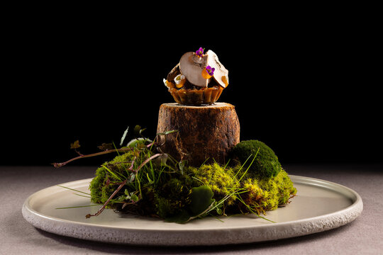 Gourmet mushroom tapa with walnut ketchup and egg yolk