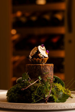 Gourmet mushroom tapa with walnut ketchup and egg yolk