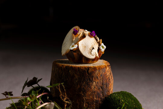 Mushroom tapa with walnut ketchup and egg yolk garnish