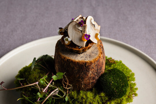 Gourmet mushroom tapa with walnut ketchup and egg yolk
