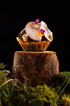 Gourmet mushroom tapa with walnut ketchup and egg yolk