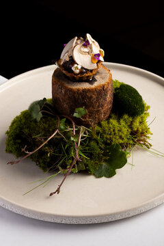 Gourmet mushroom tapa with walnut ketchup and egg yolk